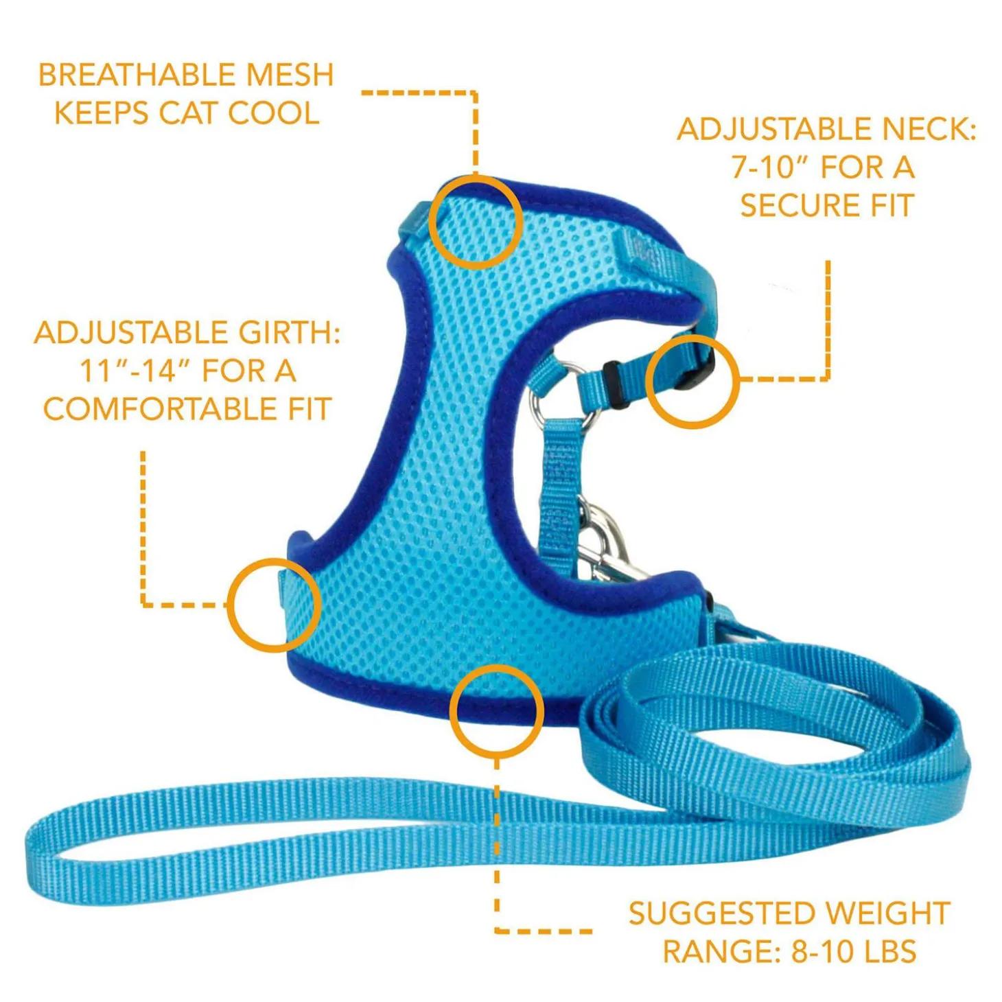 Comfort Soft Adjustable Blue Lagoon Mesh Cat Harness & Leash