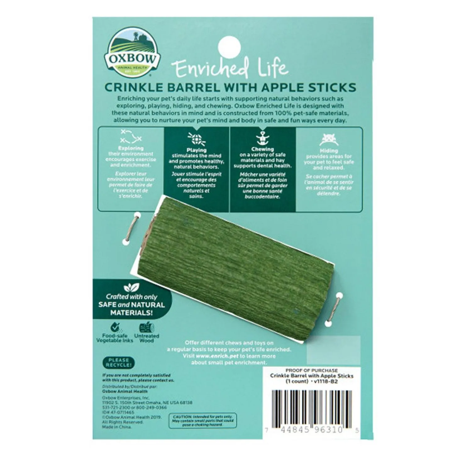 Enriched Life Crinkle Barrel with Apple Sticks Small Animal Toy